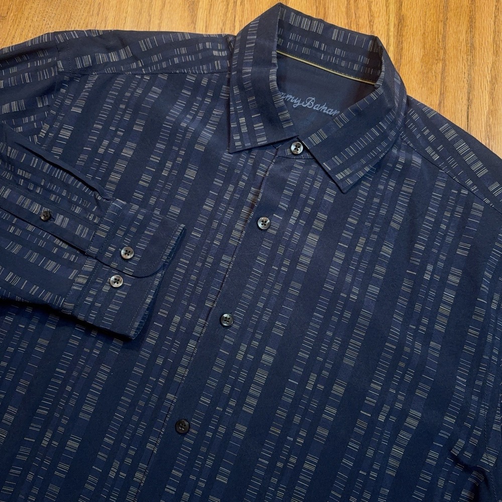 Tommy Bahama Hawaiian Camp Shirt Mens Large Navy Blue Stripe Silk Wool Blend